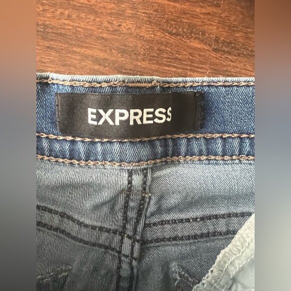 Express Stretch Barely Boot Jeans 4S Mid Rise Raw Hem Blue Denim - Picture 3 of 6